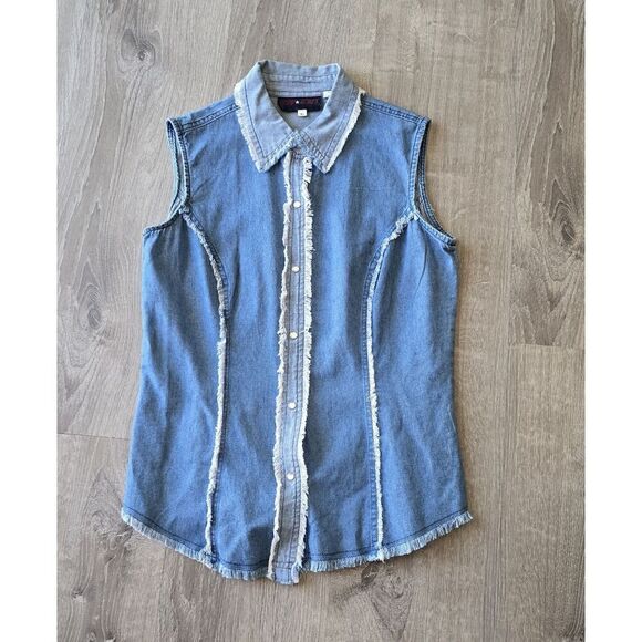 Tops - Womans Cody James Denim Sleevless Western Pearl Snap  Light Wash Size XL VTG